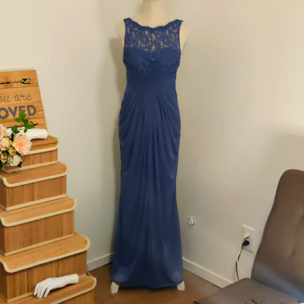 David’s Bridal Steel Blue Bridesmaid Dress